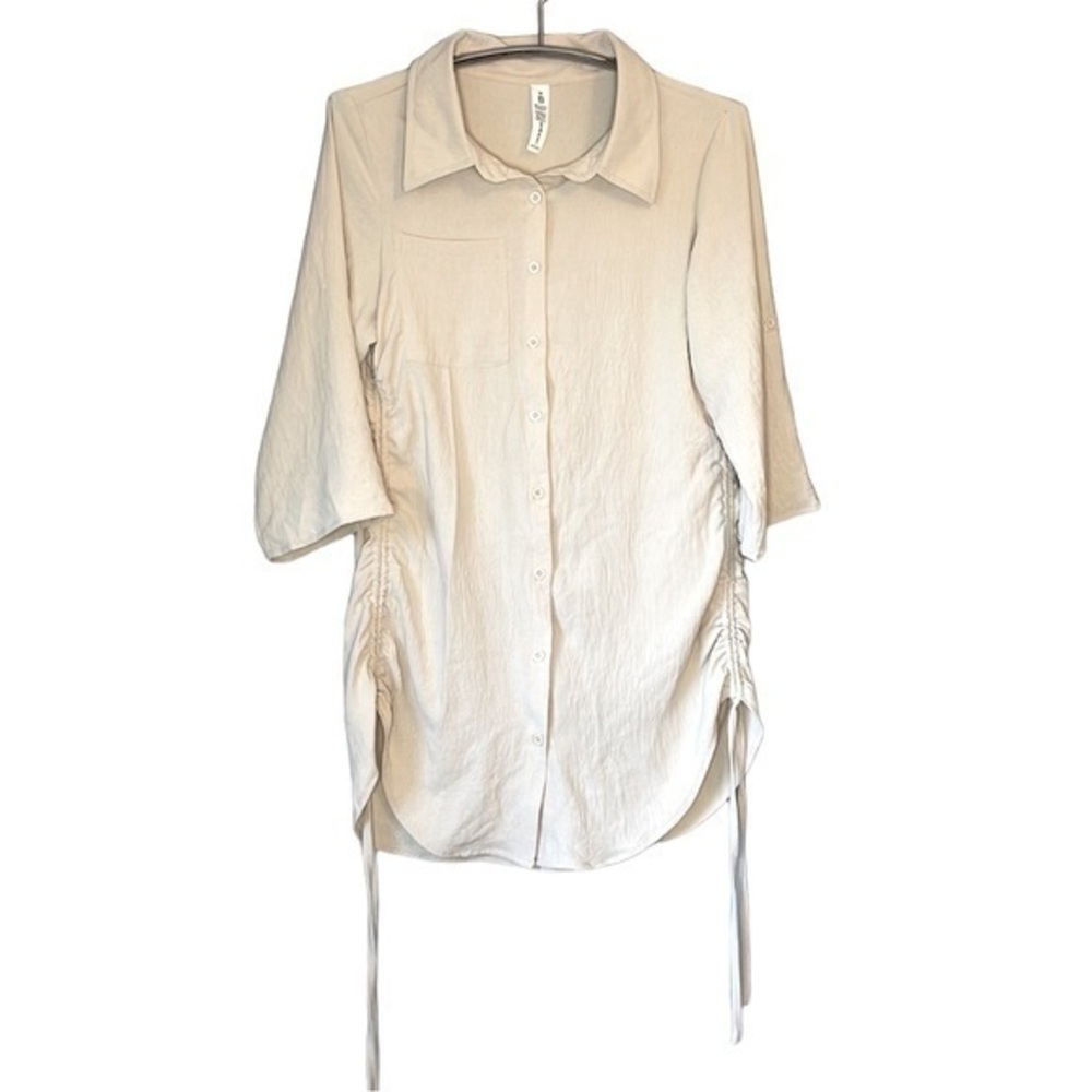 B BRAND CREAMY BEIGE 3/4 SLEEVE SIDE SCRUNCH COLLARED SHIRT, M